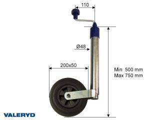 Stödhjul Ø48mm med plastfälg. Fullgummihjul 200x50mm. Belastning 150kg Stödhjul Ø48mm med plastfälg. Fullgummihjul 200x50mm. Belastning 150kg