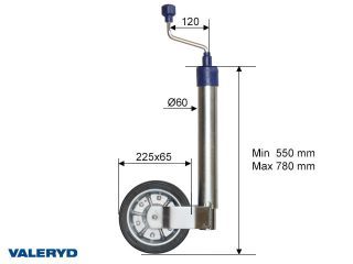 Stödhjul Ø60mm med stålfälg. Fullgummihjul 225x65mm. Belastning 250kg