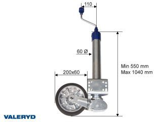Automatstödhjul Ø60mm rund, stålfälg, Fullgummihjul 200x60mm Belastning 250kg. Fäste bygel