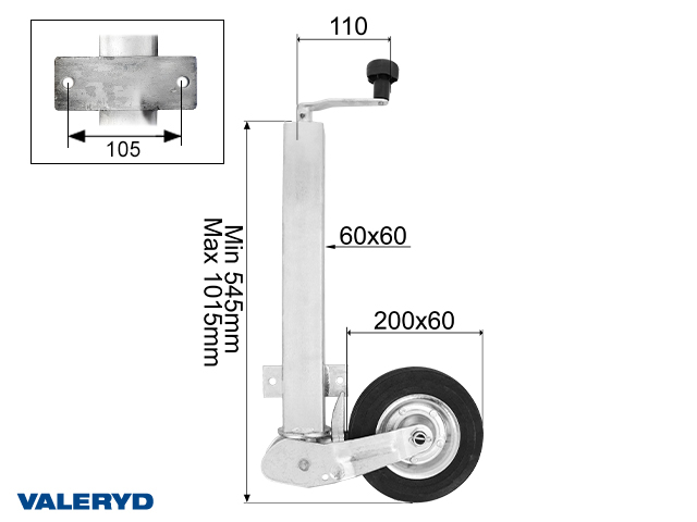 Automatstödhjul Ø60mm Stålfälg Fullgummihjul 200x60mm Belastning 200 Kg