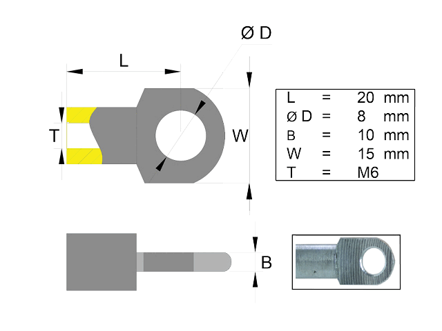 Fästögla för gasfjäder rostfri; L=20; M6