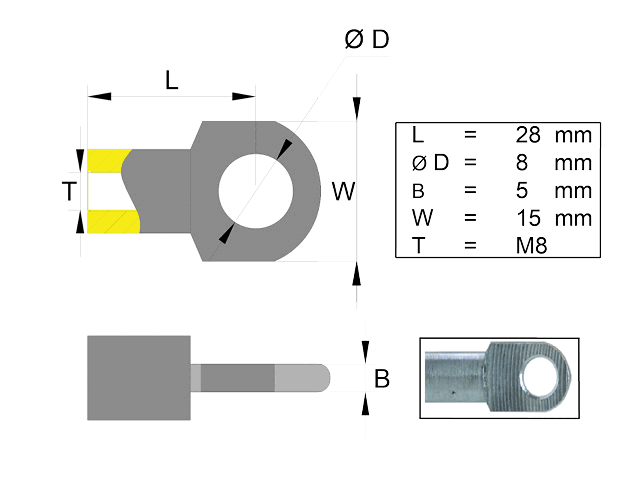 Fästögla för gasfjäder rostfri; L=28; M8