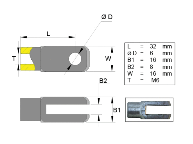 Gaffelhuvud 6mm hål; L=32; M6