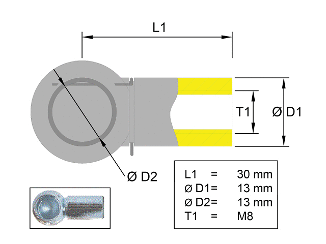 Kulhållare, Metall rostfri; L=30; Kula Ø13; M8