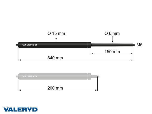 Gasfjäder Arctic L = 340 mm, L ihoptryckt = 200 mm, 375N, Ø15/6 mm, M5