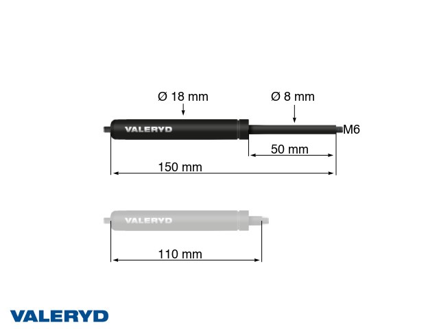 Gasfjäder Arctic L = 150 mm, L ihoptryckt = 110 mm, 500N, Ø18/8 mm, M6