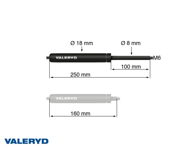 Gasfjäder Arctic L = 250 mm, L ihoptryckt = 160 mm, 400N, Ø18/8 mm, M6