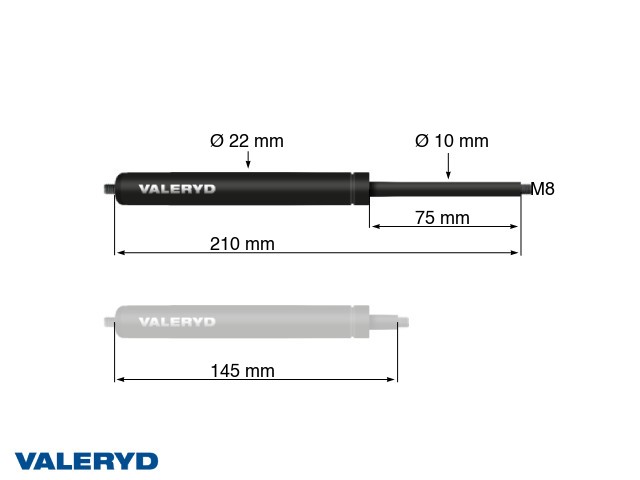 Gasfjäder Arctic L = 210 mm, L ihoptryckt = 145 mm, 400N, Ø22/10 mm, M8