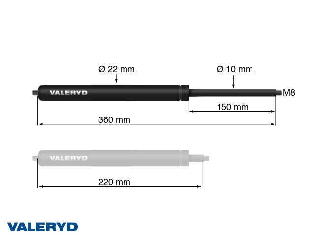 Gasfjäder Arctic L = 360 mm, L ihoptryckt = 220 mm, 1200N, Ø22/10 mm, M8