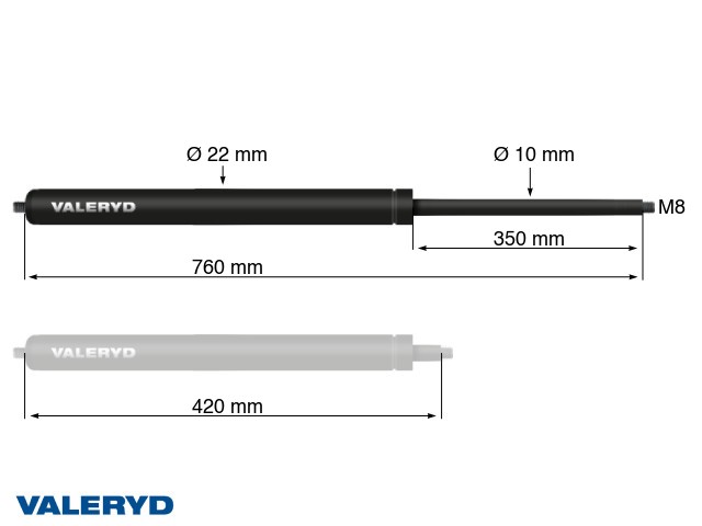Gasfjäder Arctic L = 760 mm, L ihoptryckt = 420 mm, 400N, Ø22/10 mm, M8