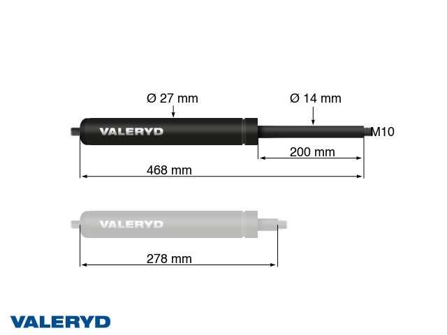 Gasfjäder Arctic L = 468 mm, L ihoptryckt = 278 mm, 600N, Ø27/14 mm, M10