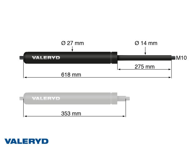 Gasfjäder Arctic L = 618 mm, L ihoptryckt = 353 mm, 600N, Ø27/14 mm, M10